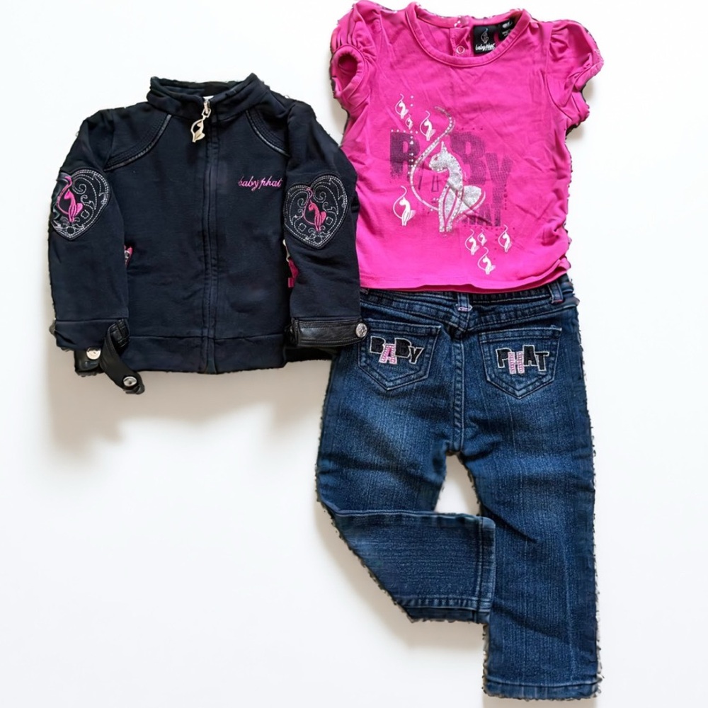 18M Y2K Baby Phat 3pc Outfit - Hoodie, Pink Graphic Tee & Embroidered Jeans